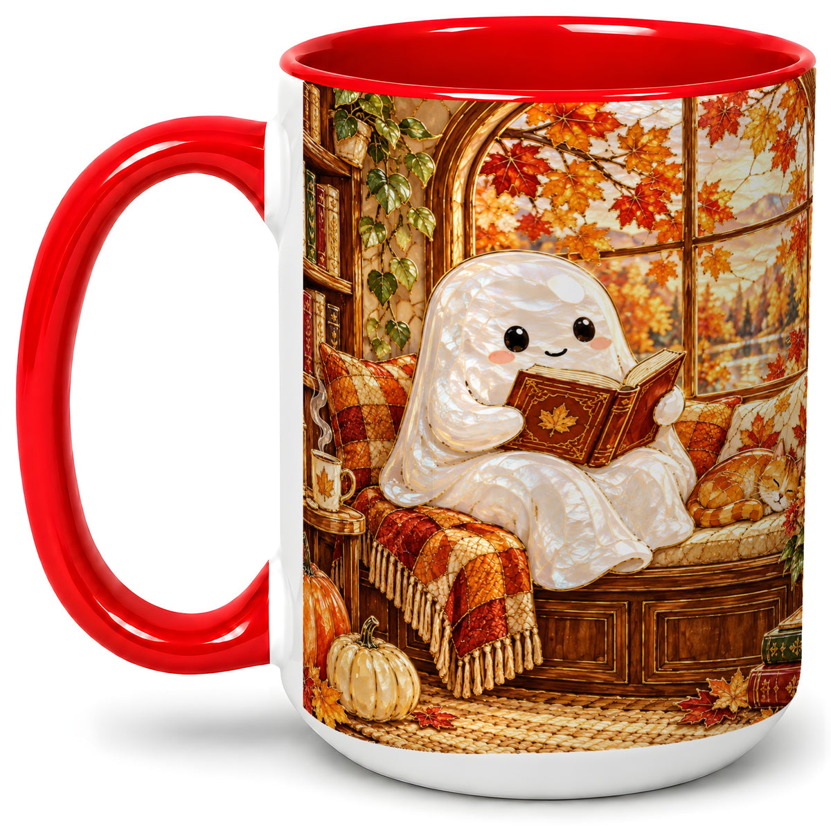 #pl[15oz|Red] Autumn Reading Ghost Ceramic Mug, Cozy Fall Book Nook Artwork
