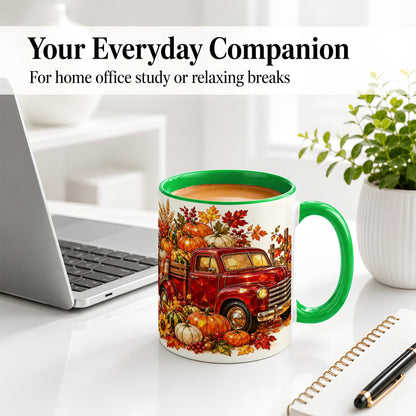 #pl[11oz|Green] Vintage Fall Pumpkin Truck Ceramic Mug, Autumn Harvest Artwork