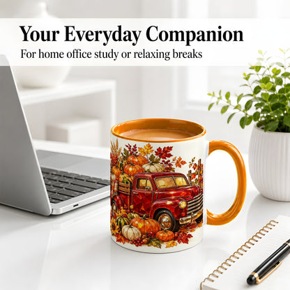 #pl[11oz|Orange] Vintage Fall Pumpkin Truck Ceramic Mug, Autumn Harvest Artwork