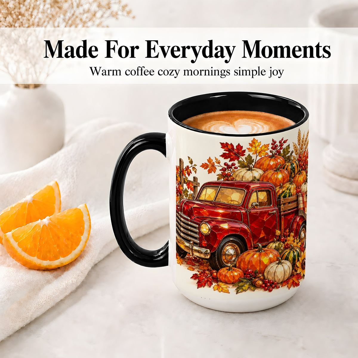 #pl[15oz|Black] Vintage Fall Pumpkin Truck Ceramic Mug, Autumn Harvest Artwork