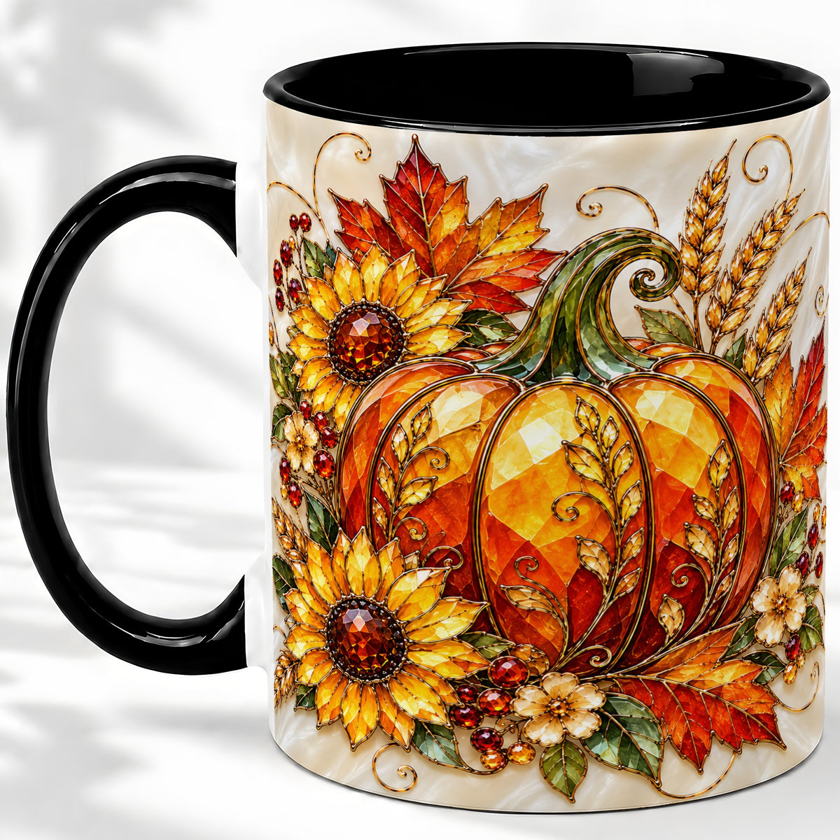 #pl[11oz|Black] Autumn Pumpkin Sunflower Ceramic Mug, Stained Glass Style Art