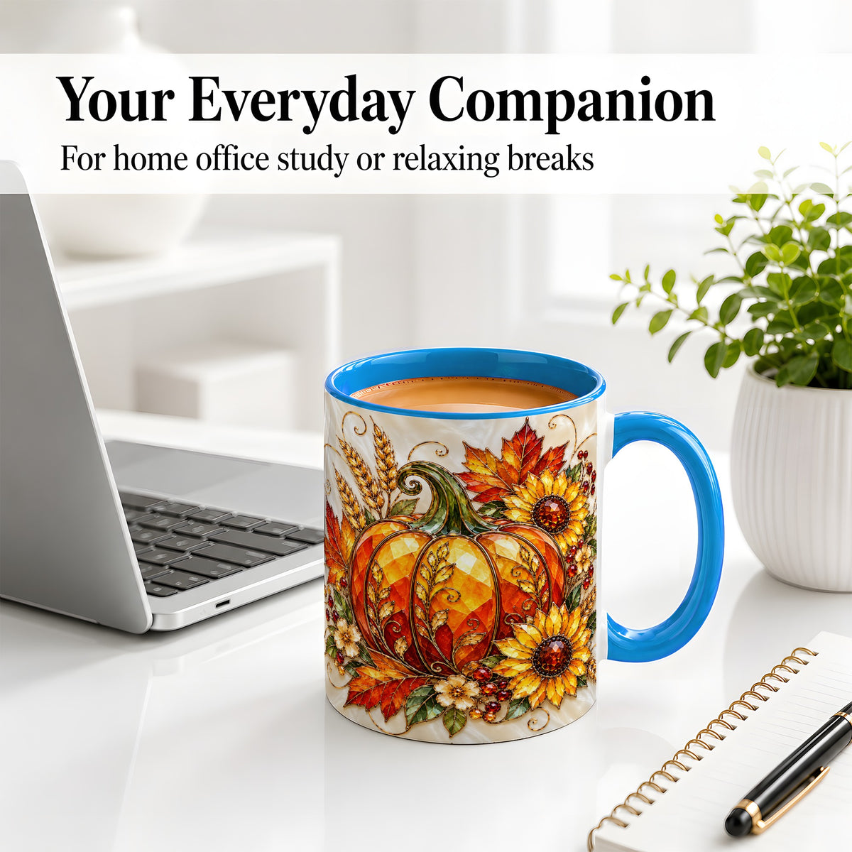 #pl[11oz|Blue] Autumn Pumpkin Sunflower Ceramic Mug, Stained Glass Style Art