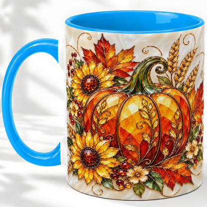 #pl[11oz|Blue] Autumn Pumpkin Sunflower Ceramic Mug, Stained Glass Style Art