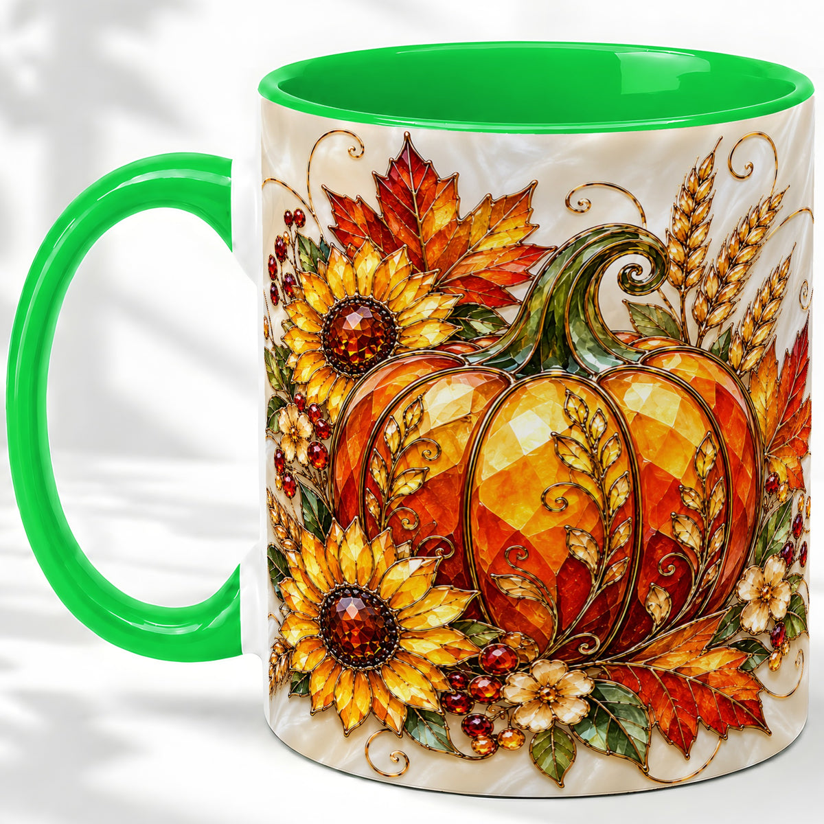 #pl[11oz|Green] Autumn Pumpkin Sunflower Ceramic Mug, Stained Glass Style Art