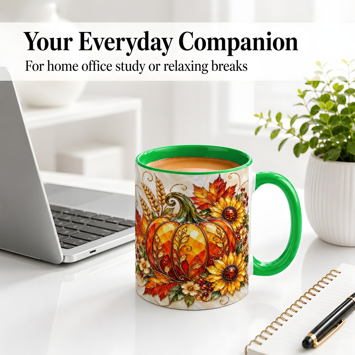#pl[11oz|Green] Autumn Pumpkin Sunflower Ceramic Mug, Stained Glass Style Art