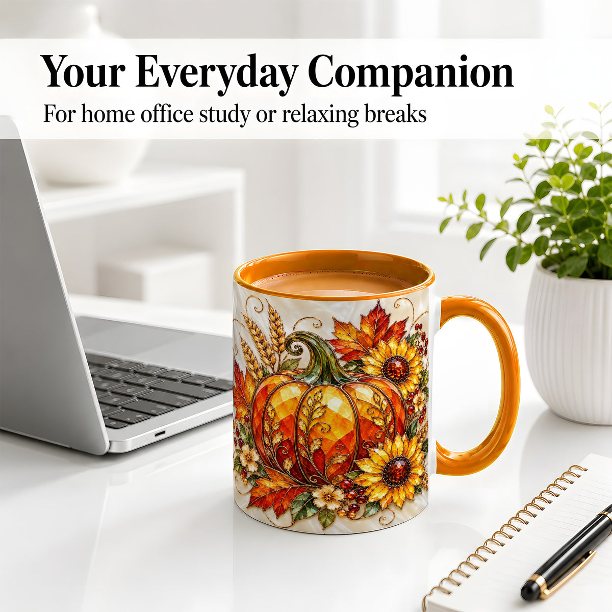 #pl[11oz|Orange] Autumn Pumpkin Sunflower Ceramic Mug, Stained Glass Style Art