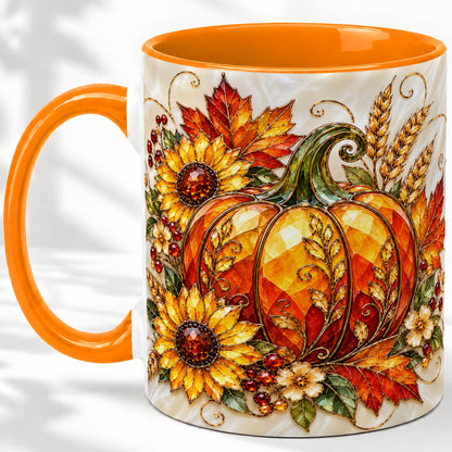 #pl[11oz|Orange] Autumn Pumpkin Sunflower Ceramic Mug, Stained Glass Style Art