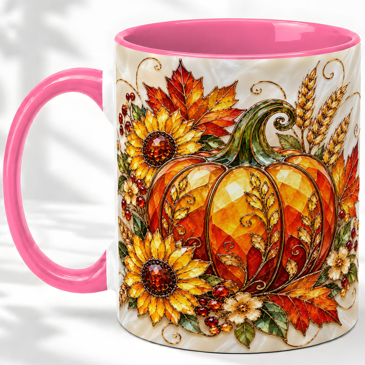 #pl[11oz|Pink] Autumn Pumpkin Sunflower Ceramic Mug, Stained Glass Style Art