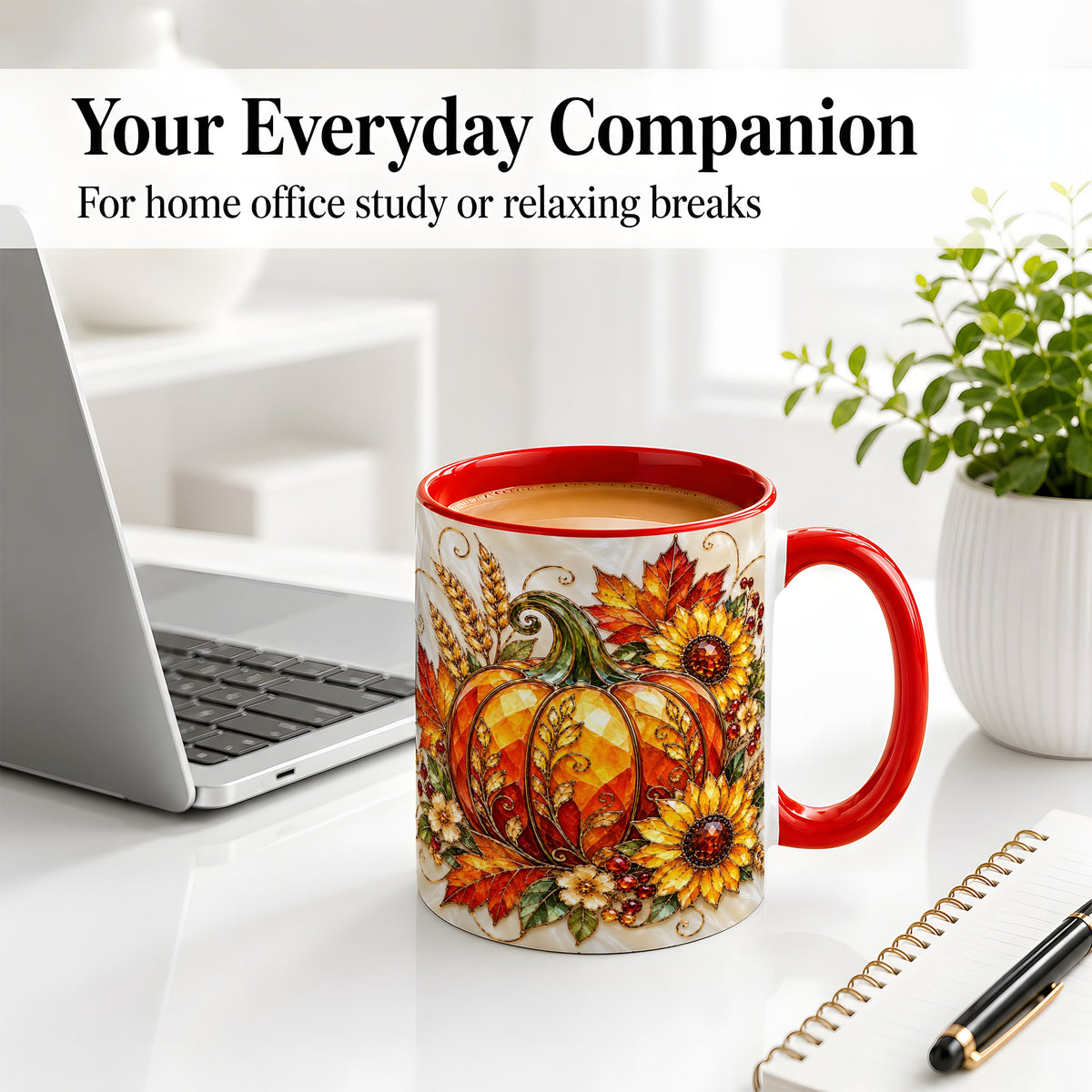 #pl[11oz|Red] Autumn Pumpkin Sunflower Ceramic Mug, Stained Glass Style Art