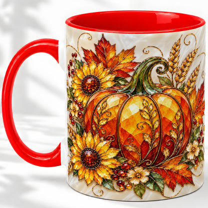 Autumn Pumpkin Sunflower Ceramic Mug, Stained Glass Style Art