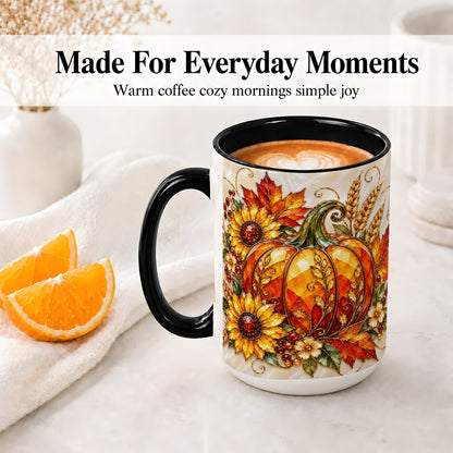 #pl[15oz|Black] Autumn Pumpkin Sunflower Ceramic Mug, Stained Glass Style Art