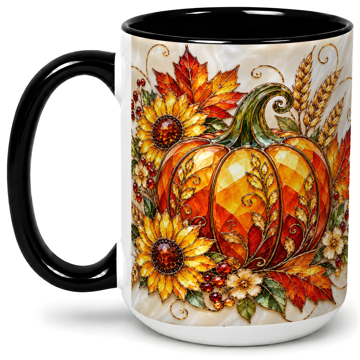 #pl[15oz|Black] Autumn Pumpkin Sunflower Ceramic Mug, Stained Glass Style Art