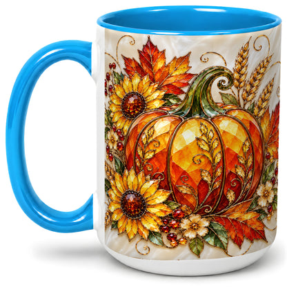 #pl[15oz|Blue] Autumn Pumpkin Sunflower Ceramic Mug, Stained Glass Style Art