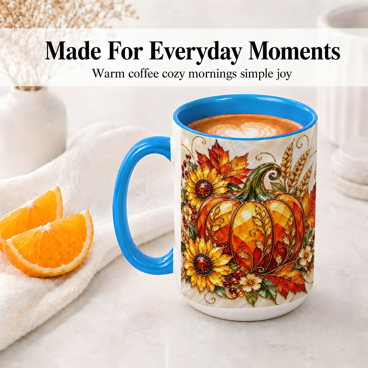 #pl[15oz|Blue] Autumn Pumpkin Sunflower Ceramic Mug, Stained Glass Style Art