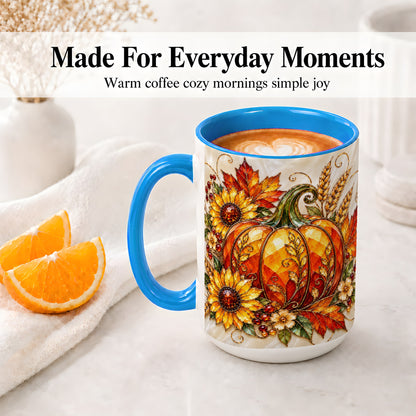 #pl[15oz|Blue] Autumn Pumpkin Sunflower Ceramic Mug, Stained Glass Style Art