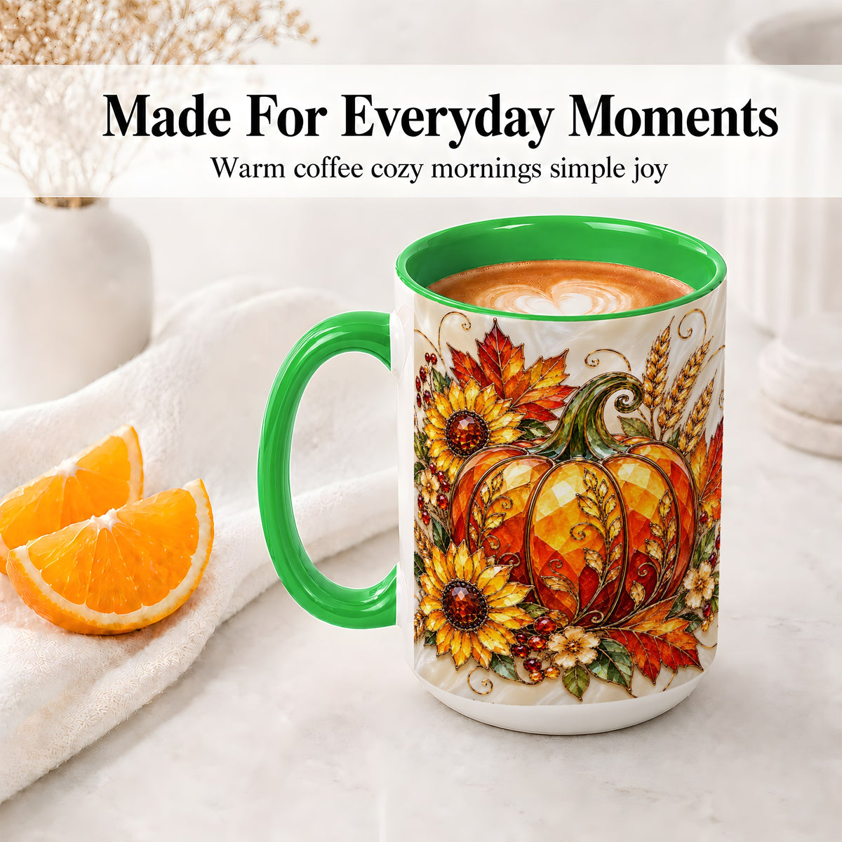 #pl[15oz|Green] Autumn Pumpkin Sunflower Ceramic Mug, Stained Glass Style Art