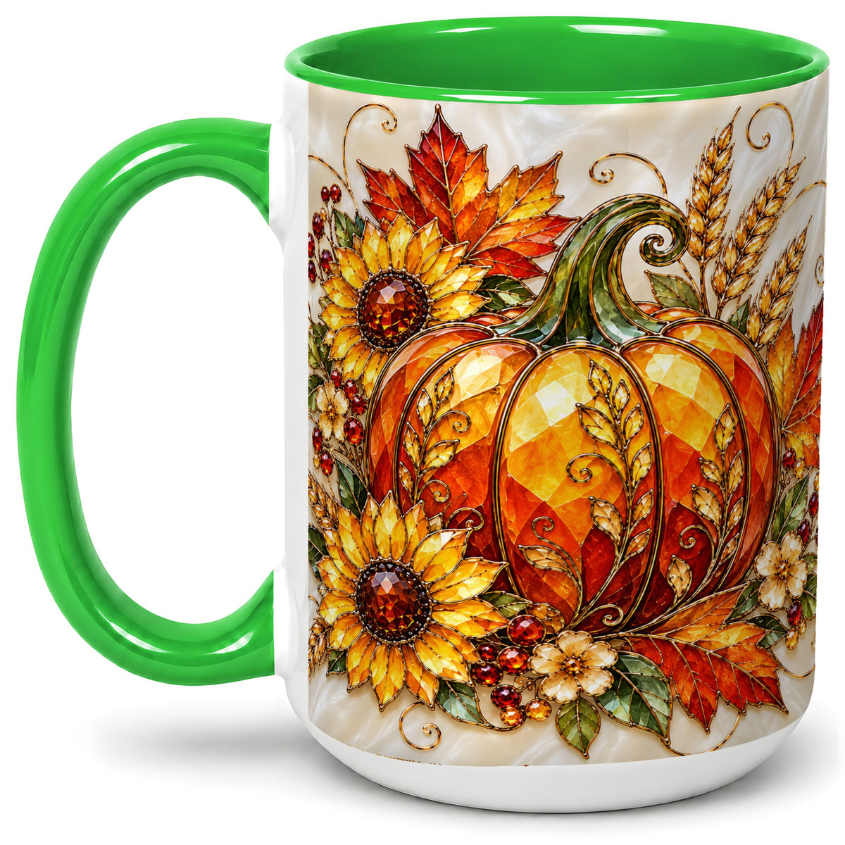 #pl[15oz|Green] Autumn Pumpkin Sunflower Ceramic Mug, Stained Glass Style Art