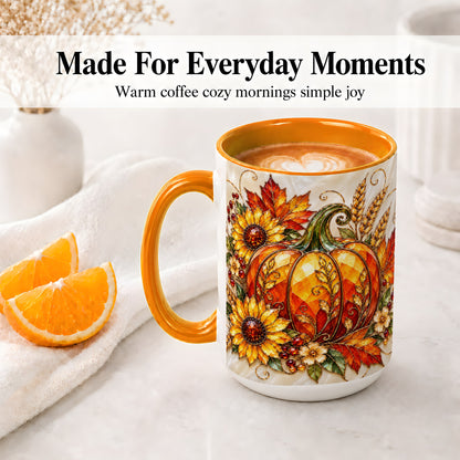 #pl[15oz|Orange] Autumn Pumpkin Sunflower Ceramic Mug, Stained Glass Style Art