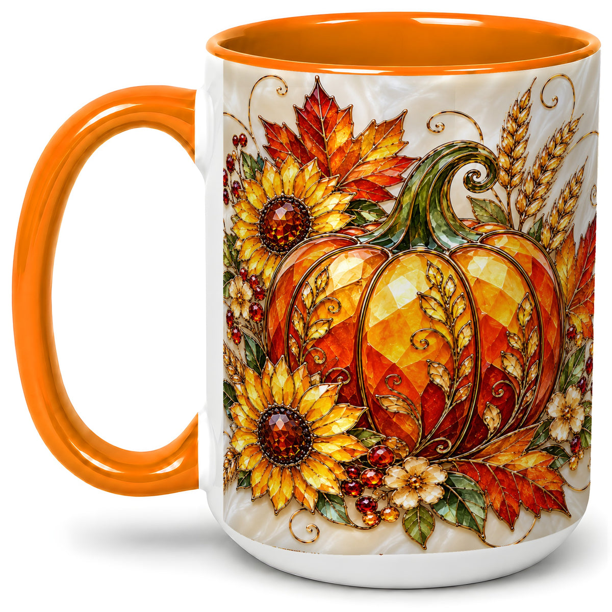 #pl[15oz|Orange] Autumn Pumpkin Sunflower Ceramic Mug, Stained Glass Style Art