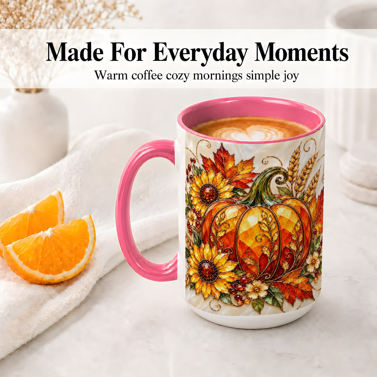 #pl[15oz|Pink] Autumn Pumpkin Sunflower Ceramic Mug, Stained Glass Style Art