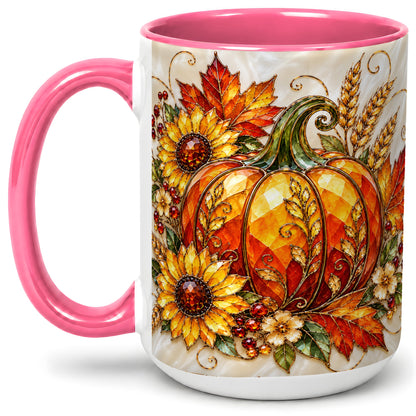 #pl[15oz|Pink] Autumn Pumpkin Sunflower Ceramic Mug, Stained Glass Style Art