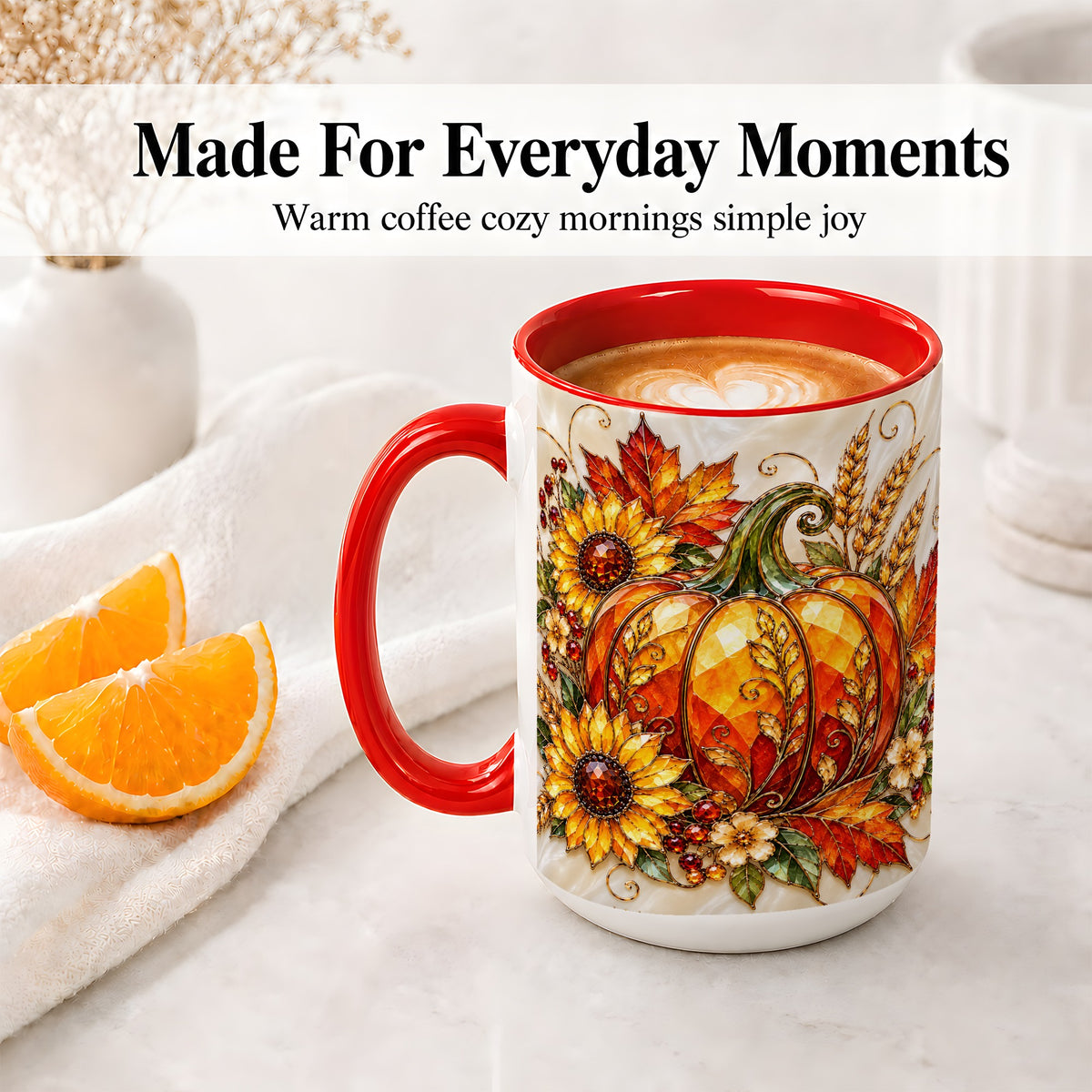 #pl[15oz|Red] Autumn Pumpkin Sunflower Ceramic Mug, Stained Glass Style Art