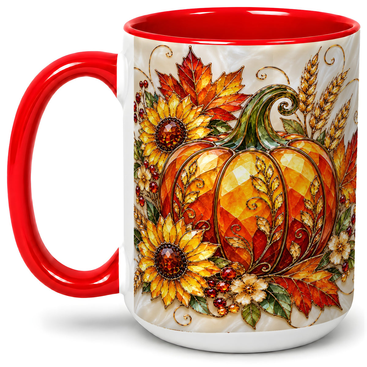 #pl[15oz|Red] Autumn Pumpkin Sunflower Ceramic Mug, Stained Glass Style Art
