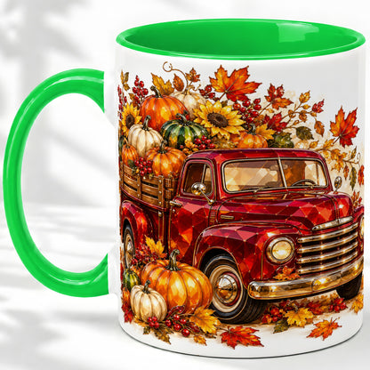 #pl[11oz|Green] Autumn Harvest Red Truck Ceramic Mug, Pumpkin Fall Artwork