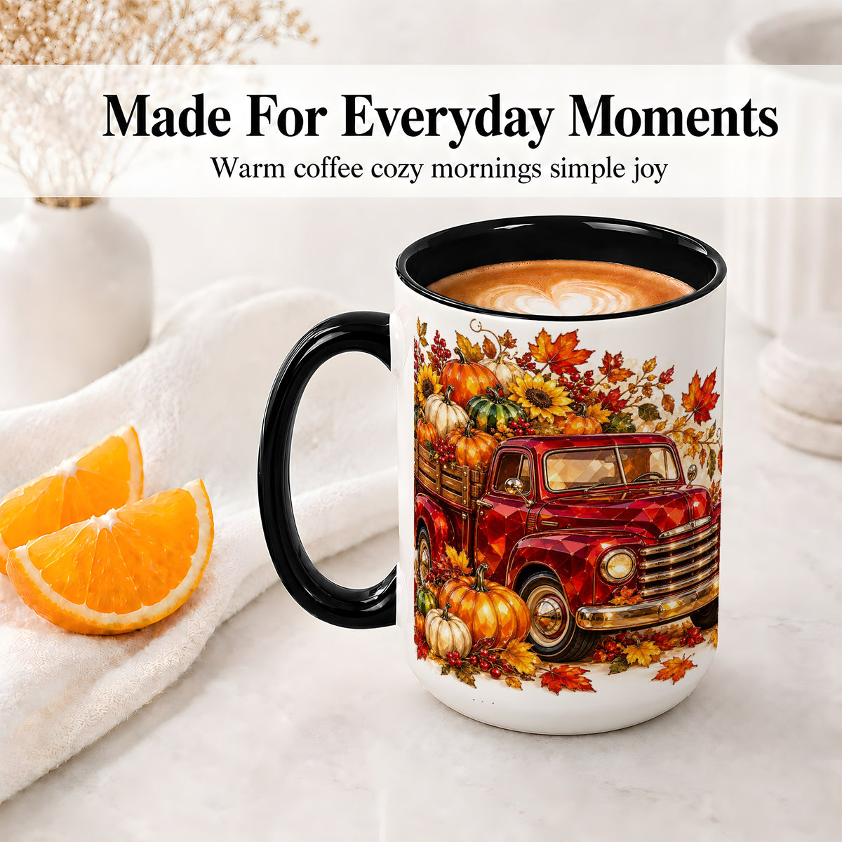 #pl[15oz|Black] Autumn Harvest Red Truck Ceramic Mug, Pumpkin Fall Artwork