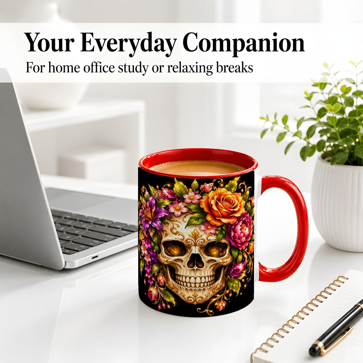 #pl[11oz|Red] Floral Skull Ceramic Mug, Colorful Botanical Gothic Artwork