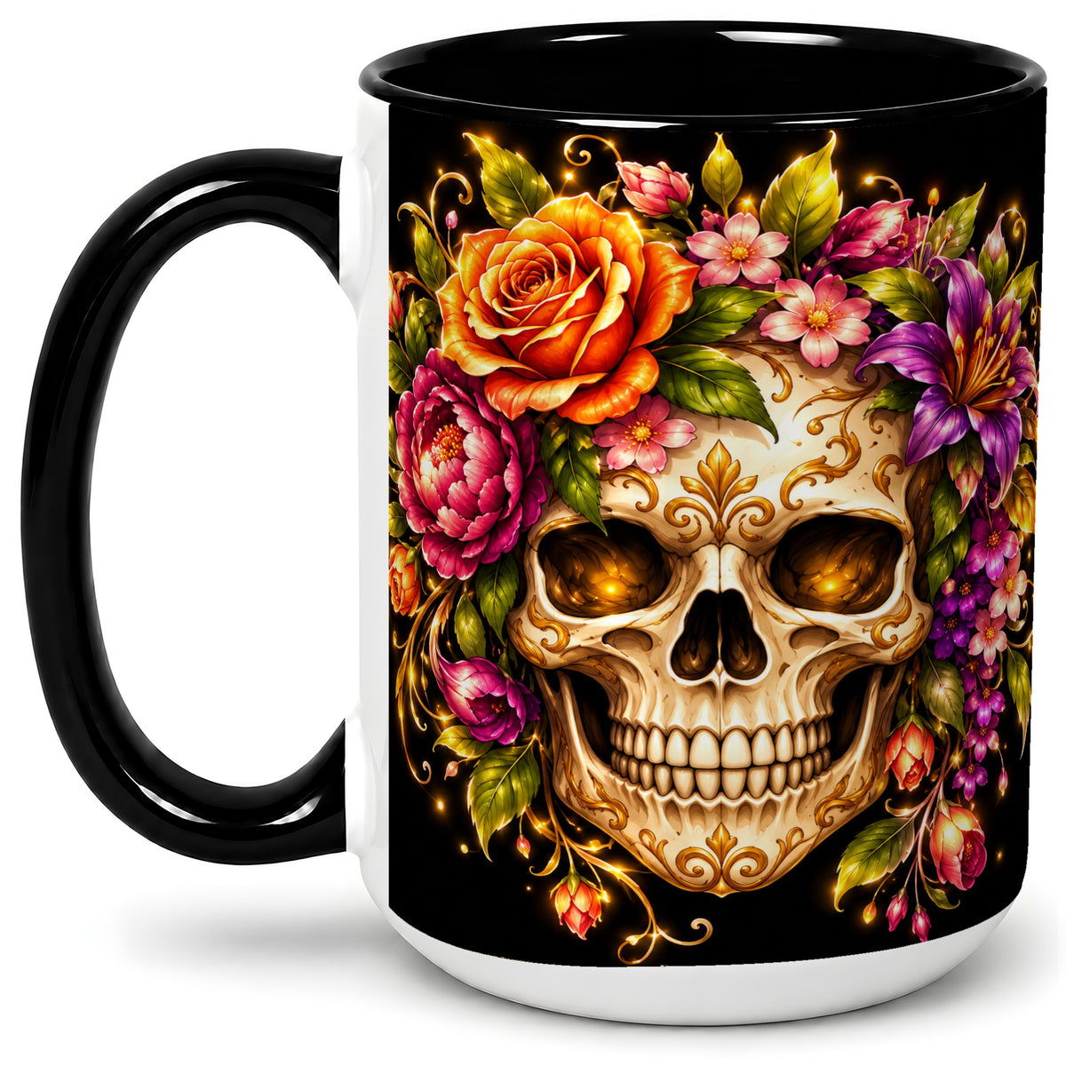 #pl[15oz|Black] Floral Skull Ceramic Mug, Colorful Botanical Gothic Artwork