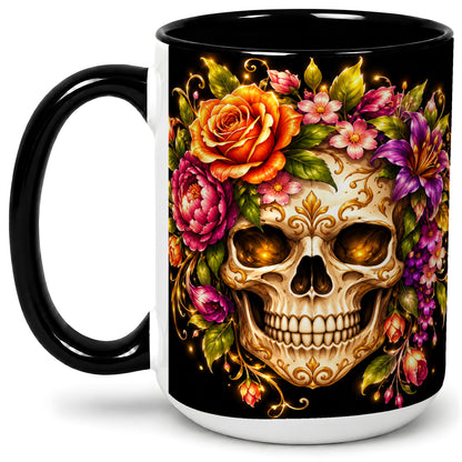 #pl[15oz|Black] Floral Skull Ceramic Mug, Colorful Botanical Gothic Artwork