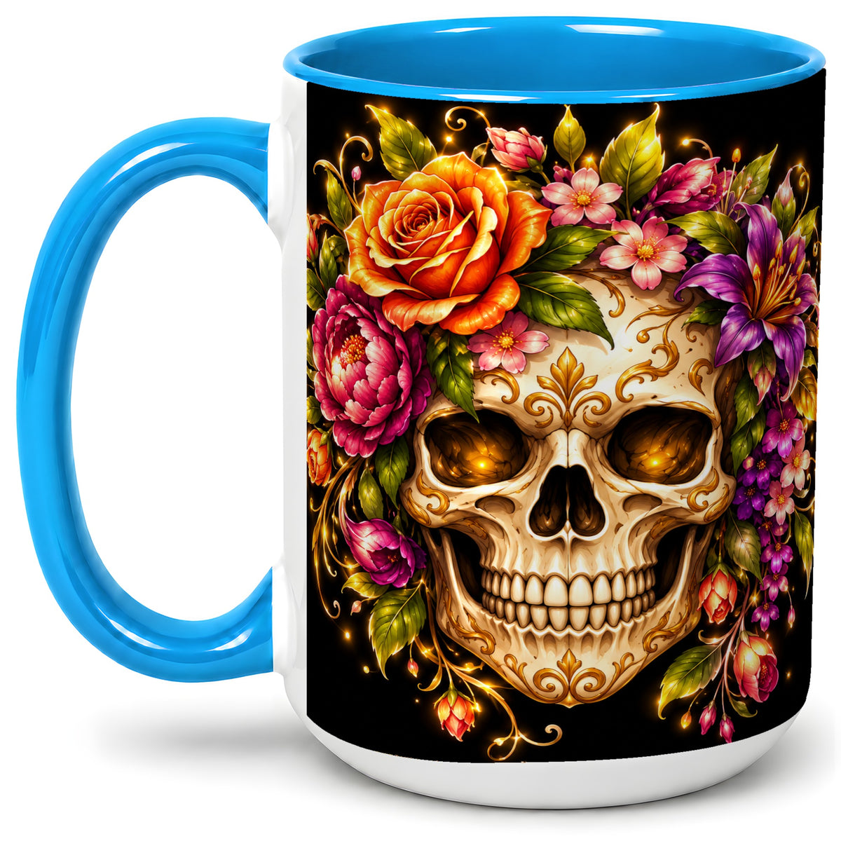 #pl[15oz|Blue] Floral Skull Ceramic Mug, Colorful Botanical Gothic Artwork