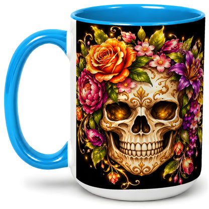 #pl[15oz|Blue] Floral Skull Ceramic Mug, Colorful Botanical Gothic Artwork
