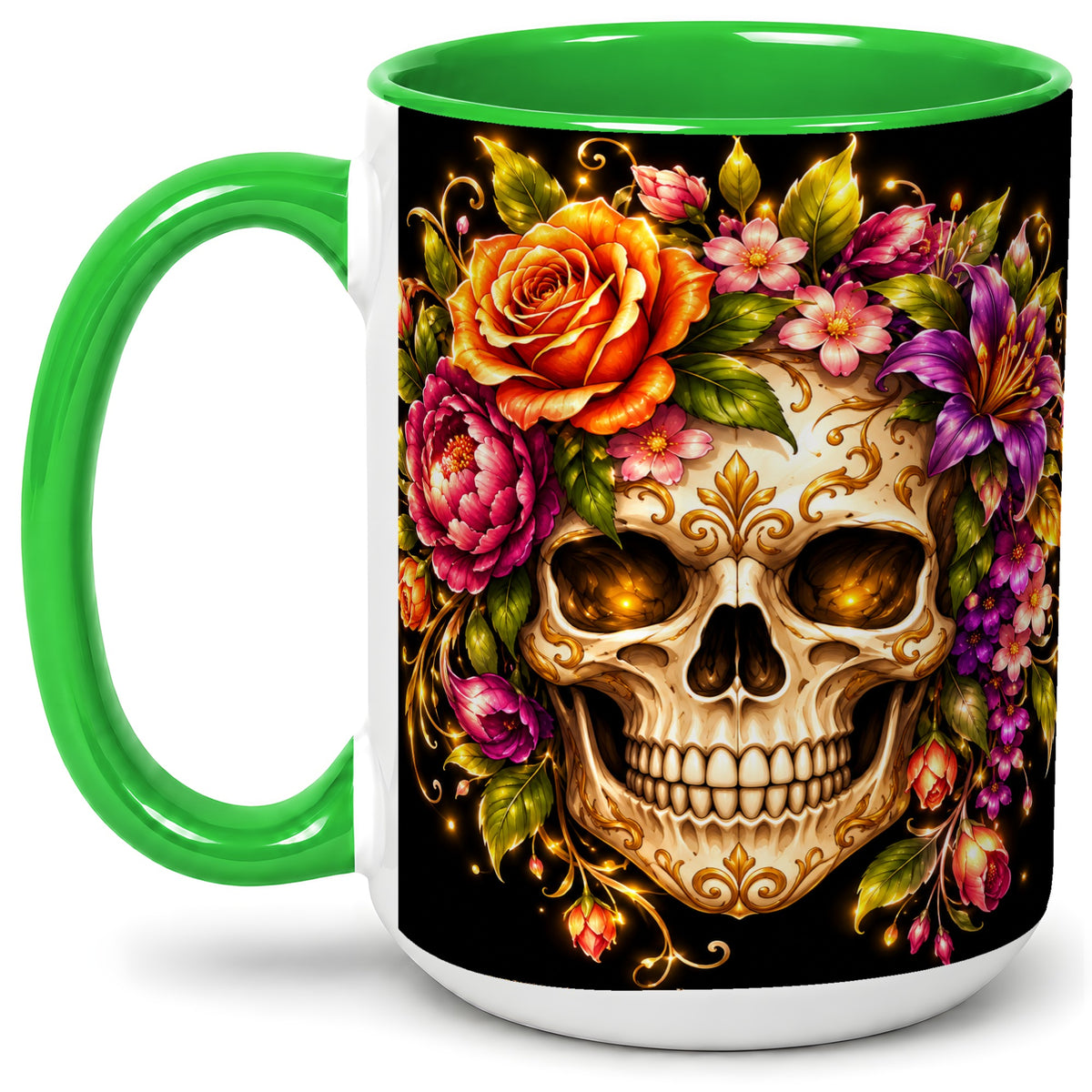 #pl[15oz|Green] Floral Skull Ceramic Mug, Colorful Botanical Gothic Artwork