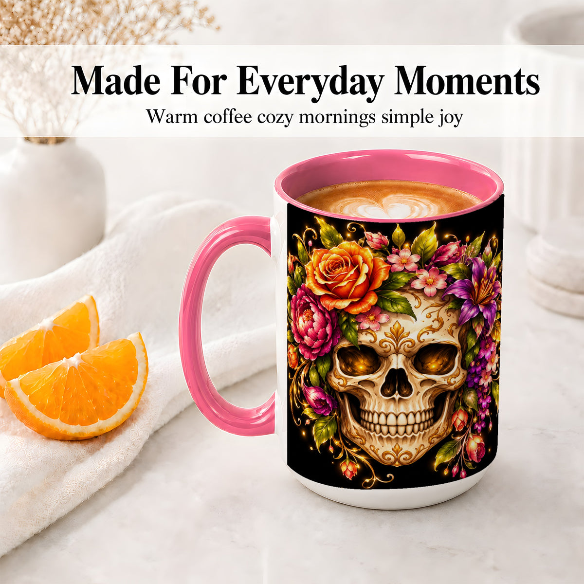 #pl[15oz|Pink] Floral Skull Ceramic Mug, Colorful Botanical Gothic Artwork