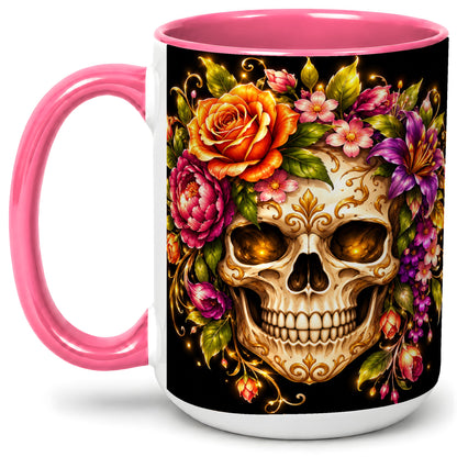#pl[15oz|Pink] Floral Skull Ceramic Mug, Colorful Botanical Gothic Artwork