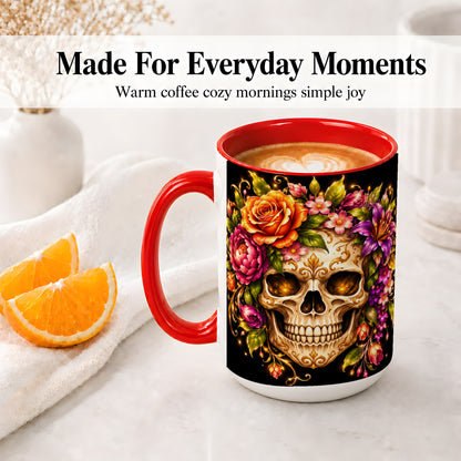 #pl[15oz|Red] Floral Skull Ceramic Mug, Colorful Botanical Gothic Artwork