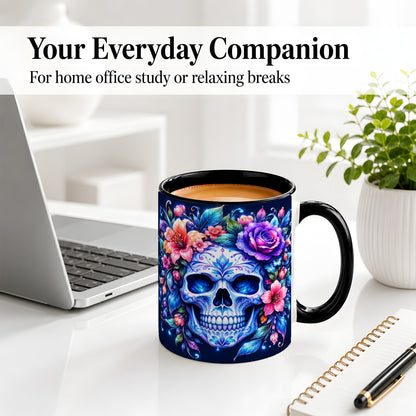 #pl[11oz|Black] Blue Floral Skull Ceramic Mug, Colorful Botanical Gothic Art