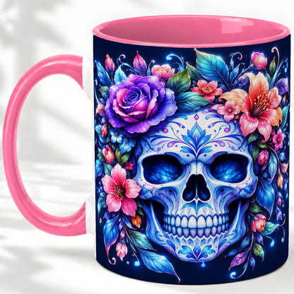 #pl[11oz|Pink] Blue Floral Skull Ceramic Mug, Colorful Botanical Gothic Art