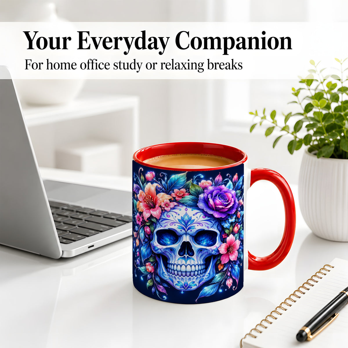 #pl[11oz|Red] Blue Floral Skull Ceramic Mug, Colorful Botanical Gothic Art