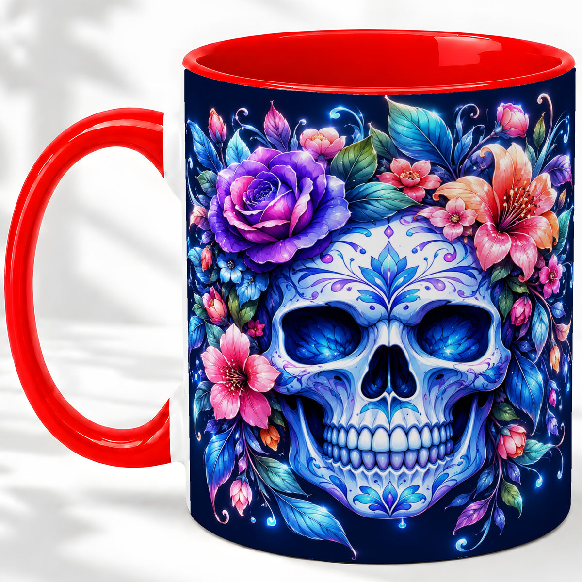 Blue Floral Skull Ceramic Mug, Colorful Botanical Gothic Art