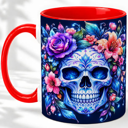 Blue Floral Skull Ceramic Mug, Colorful Botanical Gothic Art