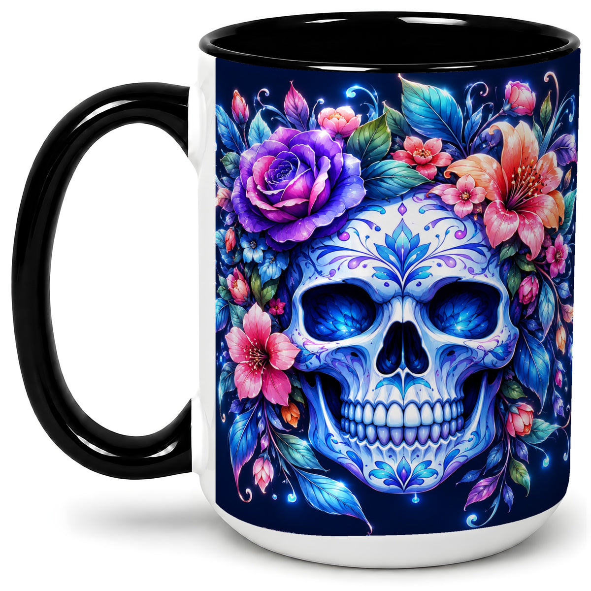 #pl[15oz|Black] Blue Floral Skull Ceramic Mug, Colorful Botanical Gothic Art
