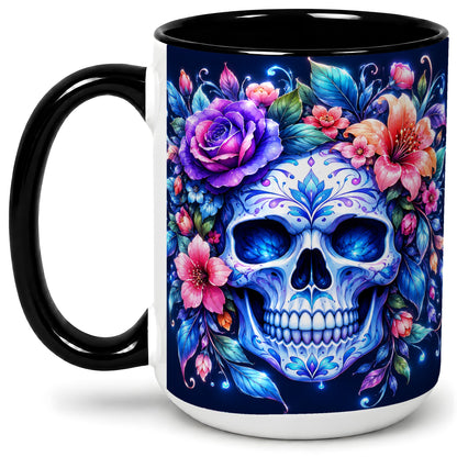 #pl[15oz|Black] Blue Floral Skull Ceramic Mug, Colorful Botanical Gothic Art