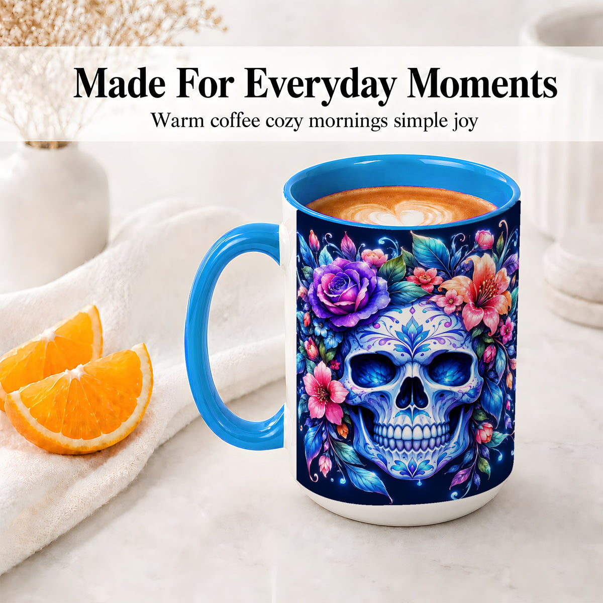 #pl[15oz|Blue] Blue Floral Skull Ceramic Mug, Colorful Botanical Gothic Art