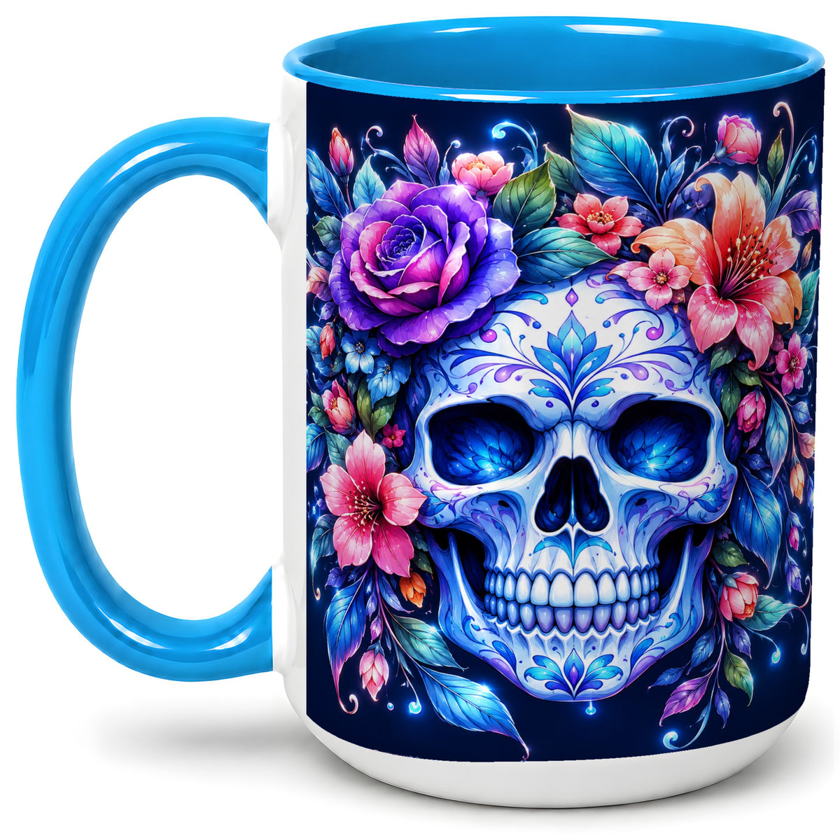 #pl[15oz|Blue] Blue Floral Skull Ceramic Mug, Colorful Botanical Gothic Art