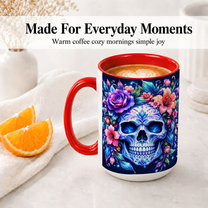 #pl[15oz|Red] Blue Floral Skull Ceramic Mug, Colorful Botanical Gothic Art