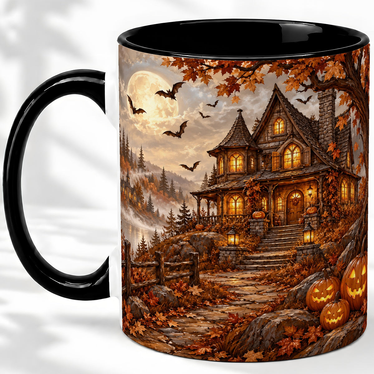 #pl[11oz|Black] Halloween Cottage Ceramic Mug, Full Moon Autumn Night Artwork
