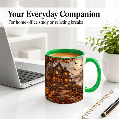 #pl[11oz|Green] Halloween Cottage Ceramic Mug, Full Moon Autumn Night Artwork